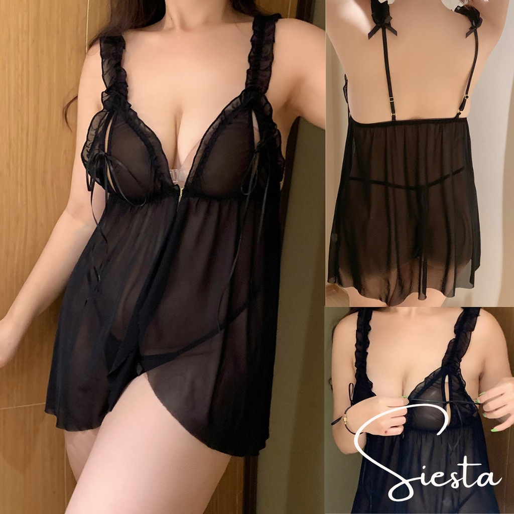 Siesta See Through Front Clip Babydoll Lingerie with Bows