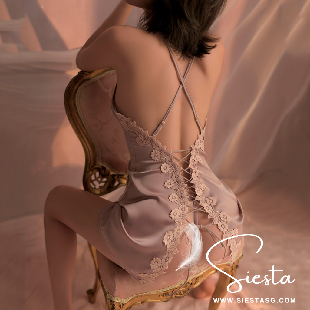 Siesta F132 Dusty Rose Satin Nightdress with Lace-Up Back