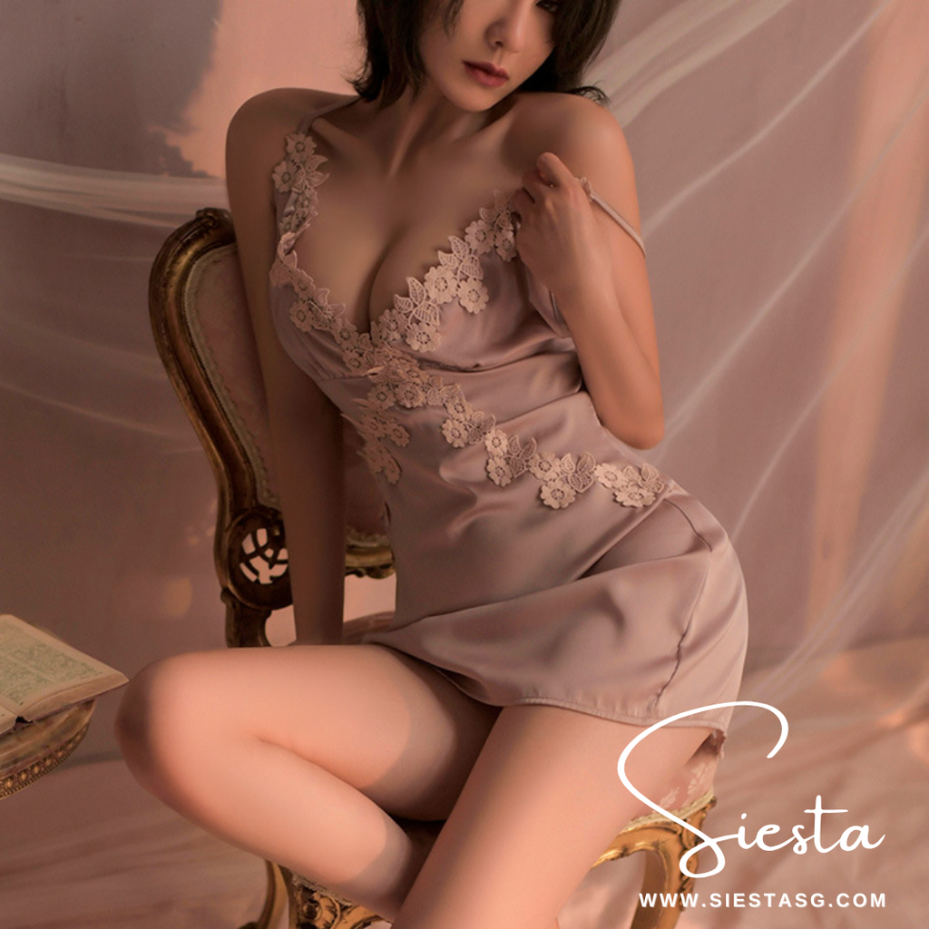 Siesta F132 Dusty Rose Satin Nightdress with Lace-Up Back