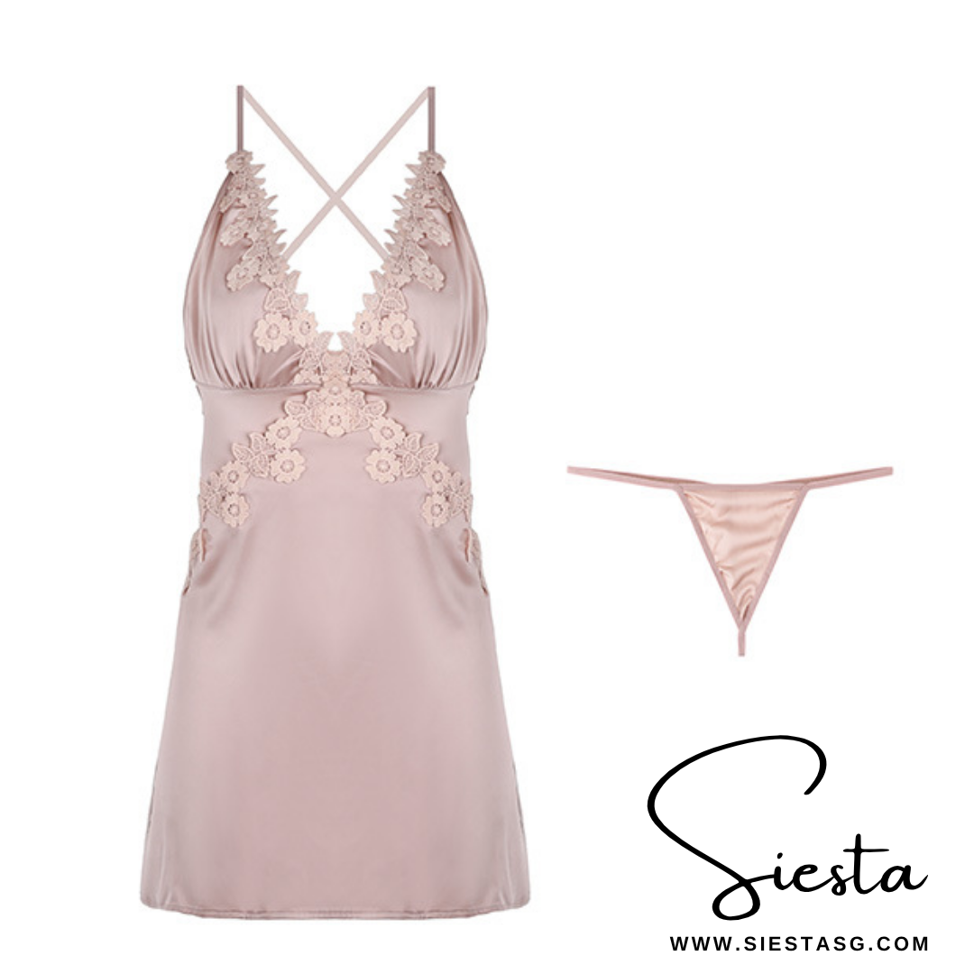 Siesta Lace-Up Back Satin Nightdress – Dusty Rose Lace Trim Sleepwear for Women