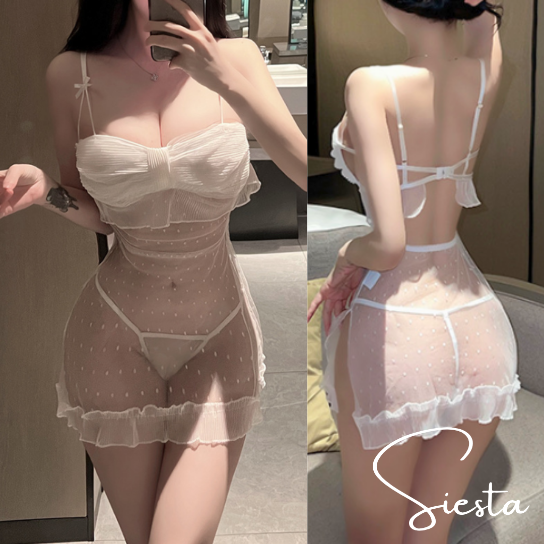 F043 Front Ribbon Polkadot See through Dress