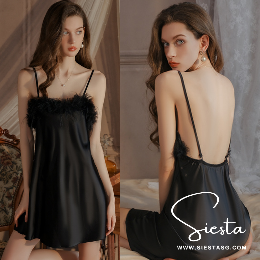 Black satin nightgown with feather details worn by a model, shown from front and back, with 'Siesta' brand visible.