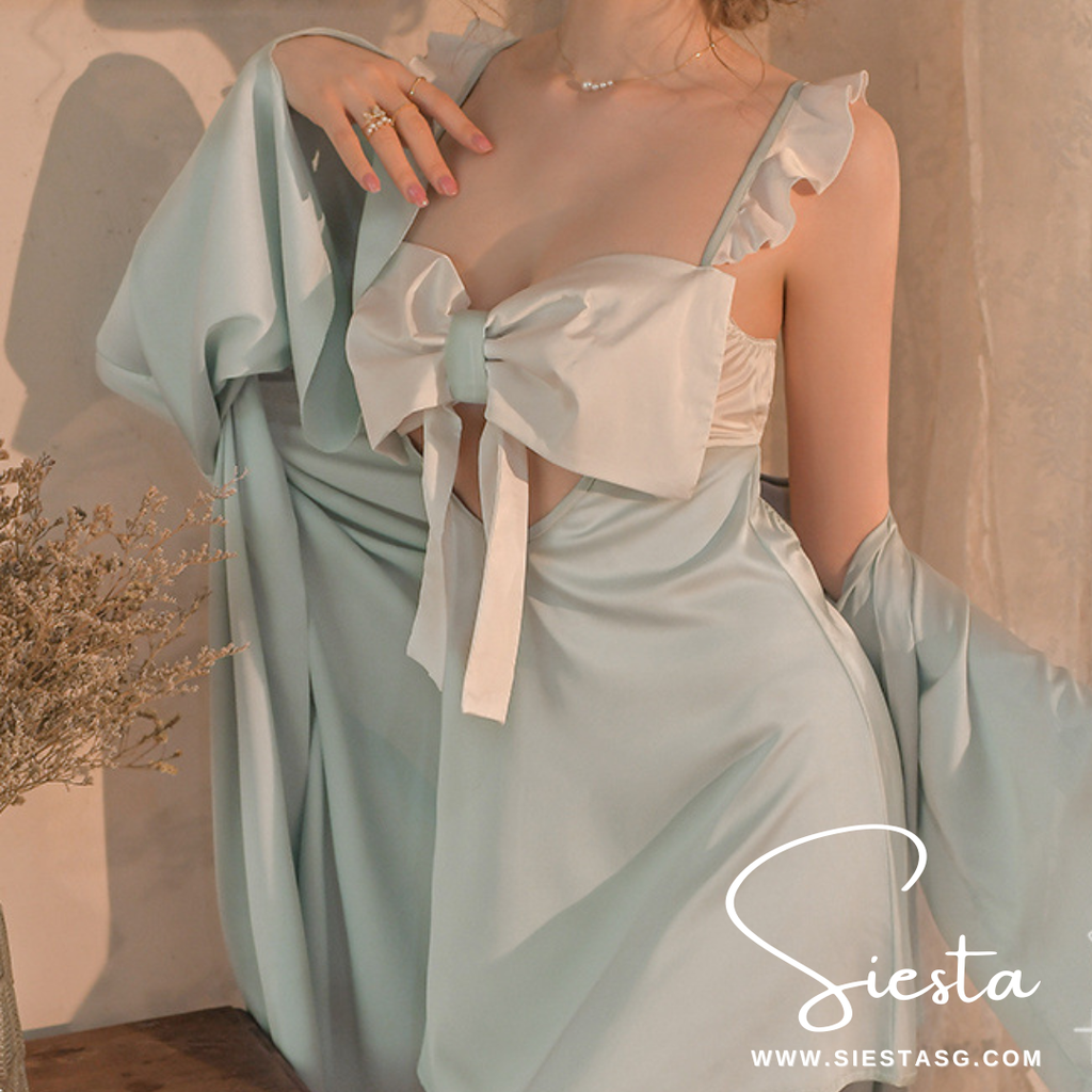 Siesta F140 Blue Satin Babydoll Ribbon Nightdress