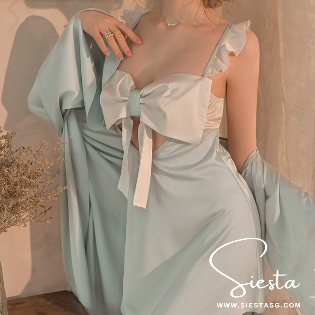 Siesta F140 Blue Satin Babydoll Ribbon Nightdress
