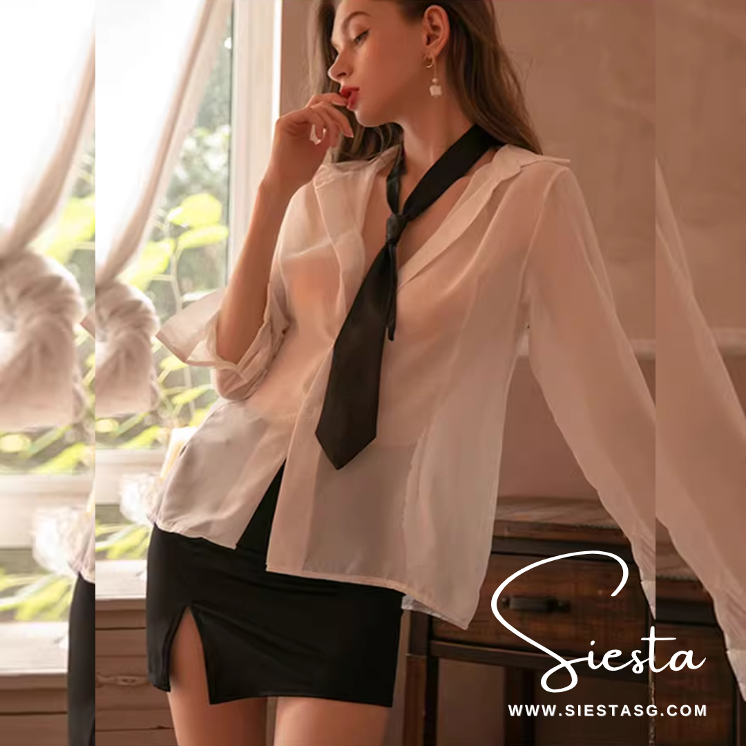 F026 Office Lady Sexy Secretary with See-through Shirt Tie and Stockings