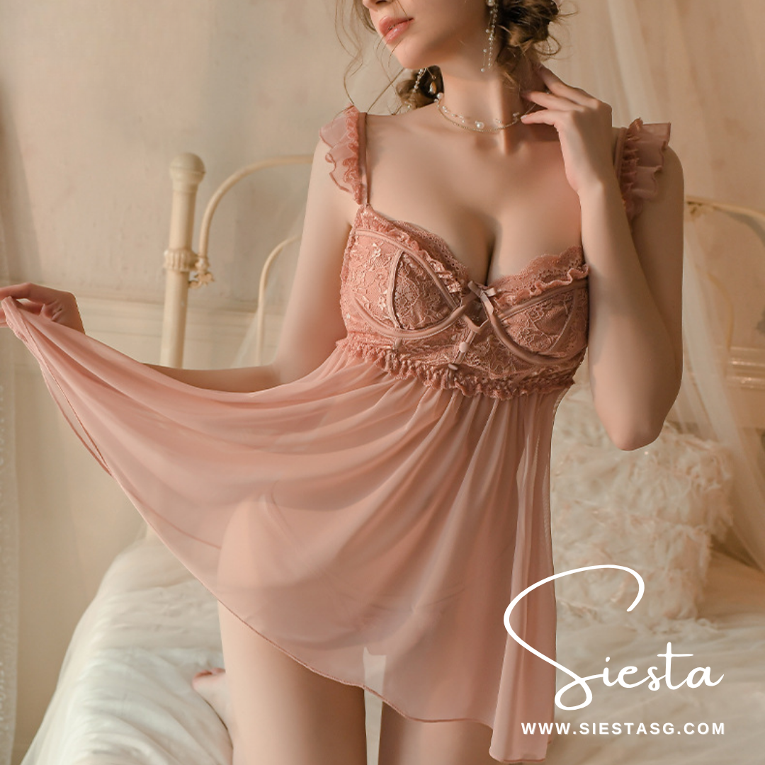 Siesta Lace See Through Babydoll Lingerie with Ruffle Straps