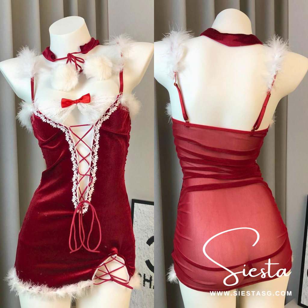 Siesta X002 Lace Bunny Fur-Trim Mini Dress