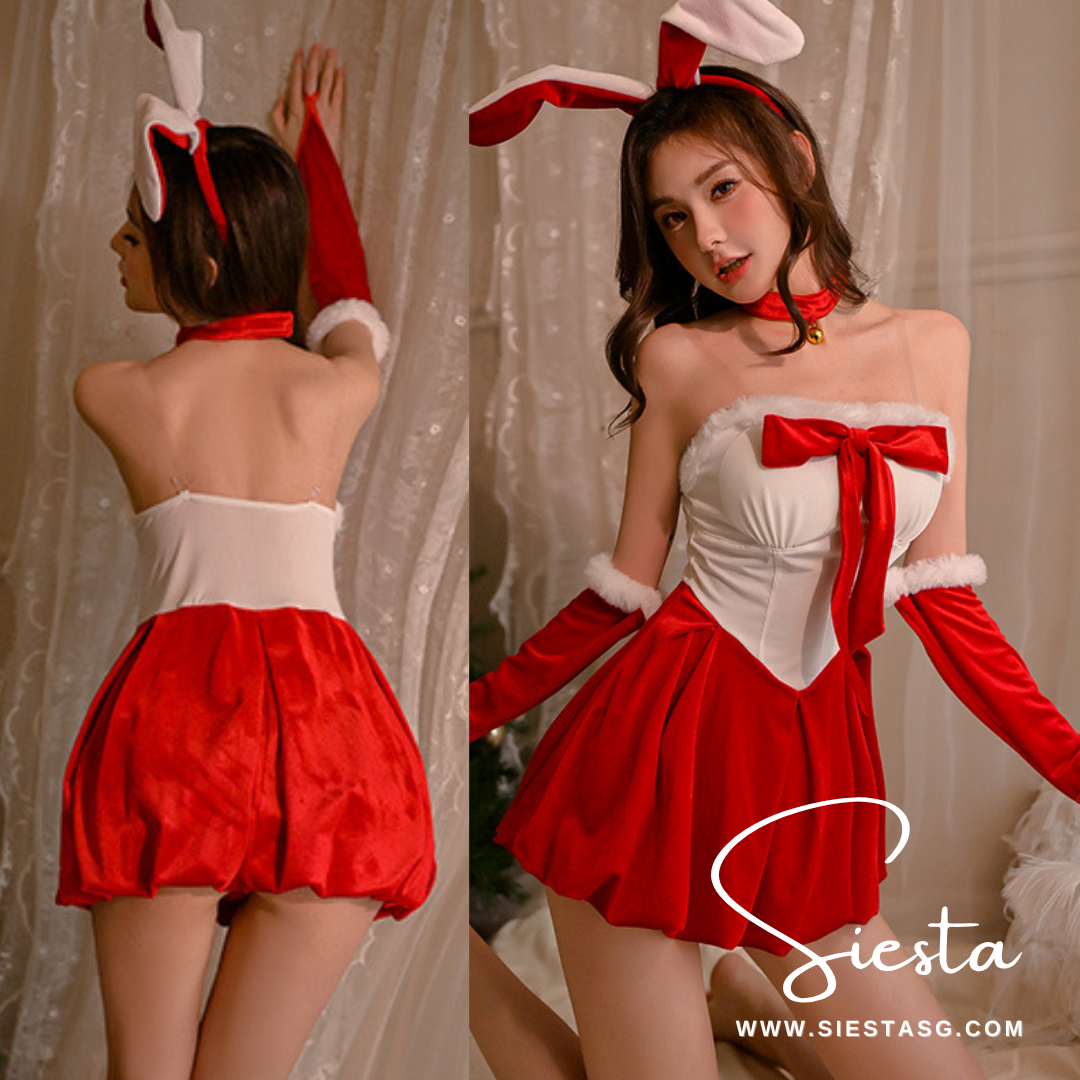 Siesta X009 Velvet Strapless Santa Bunny Bow Dress