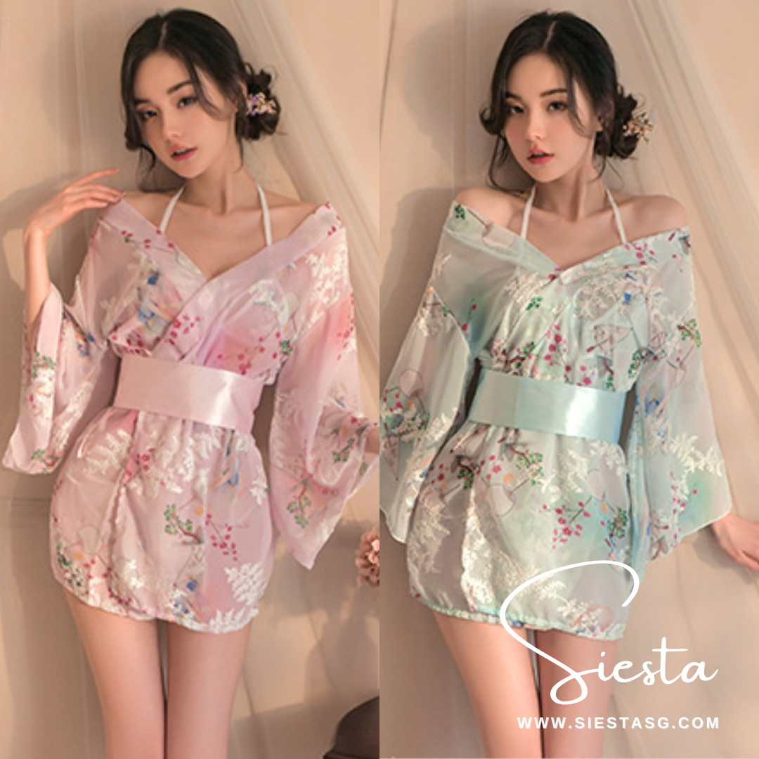 F096 Floral Japanese Kimono Soft Satin Robe with Matching Bikini Set