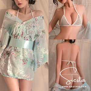 F096 Floral Japanese Kimono Soft Satin Robe with Matching Bikini Set