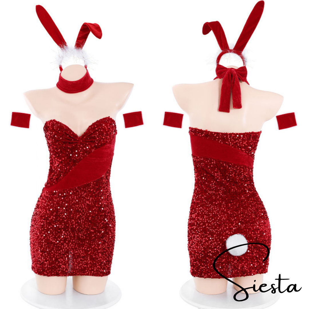 F067 Sparkling Red Hot Low-cut Body-Hugging Dress with Bunny Headband