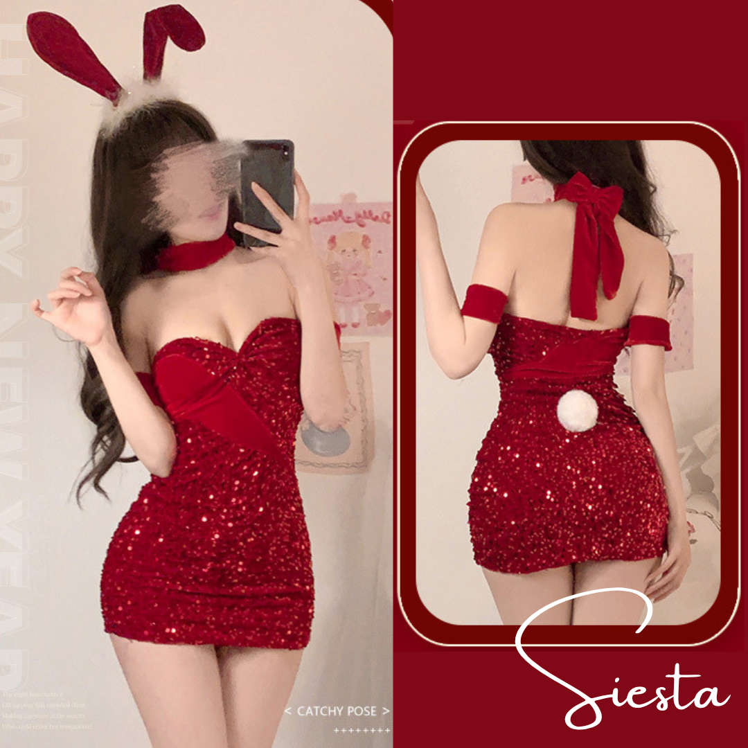 F067 Sparkling Red Hot Low-cut Body-Hugging Dress with Bunny Headband