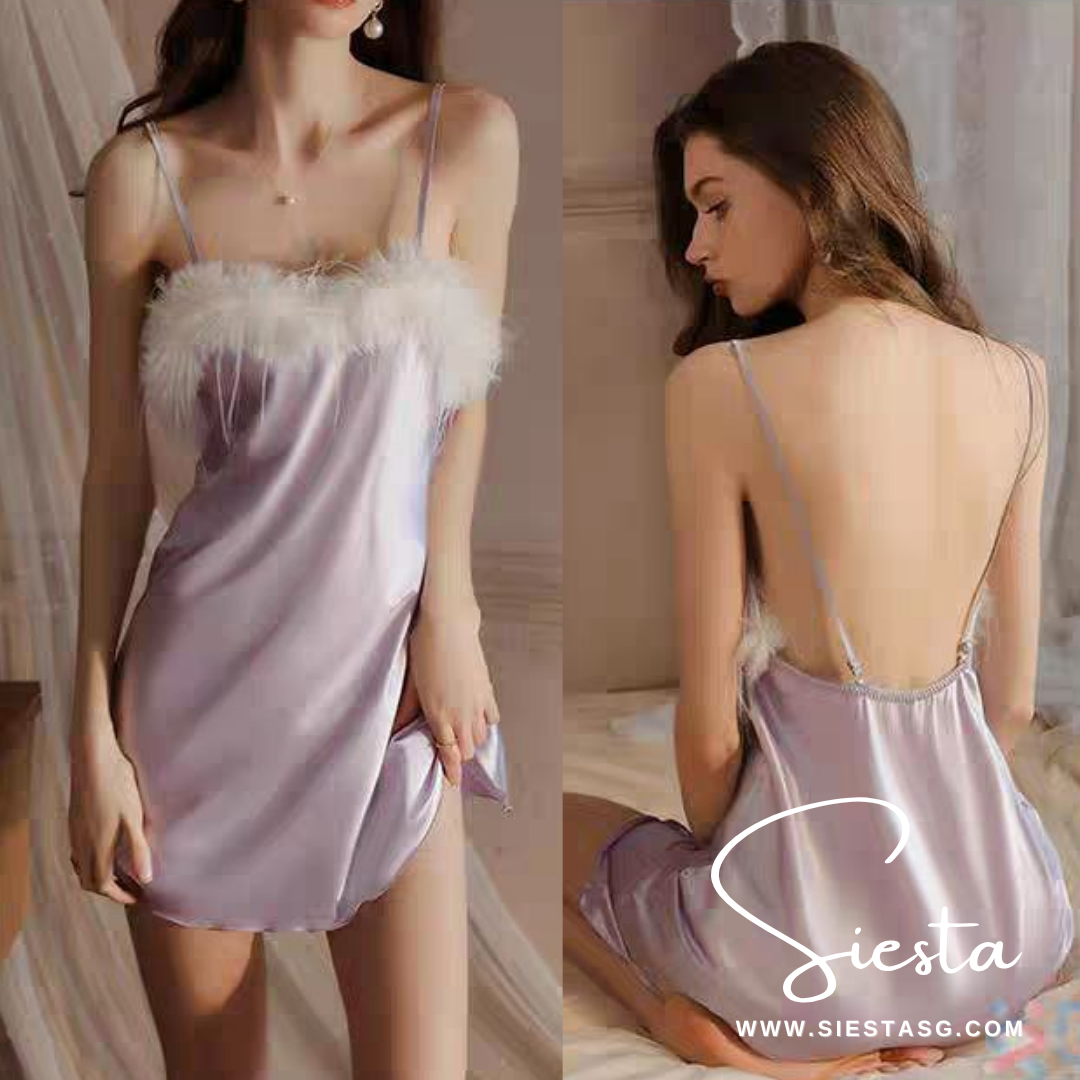 Woman wearing a lavender satin nightgown with feather details, shown from front and back views.